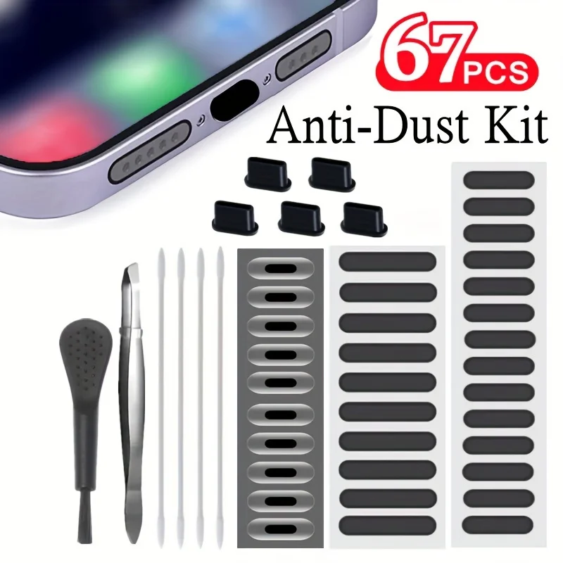 67pcs Universal Cleaning Set For Smartphone, Type-C Charging Port & Speaker Protectors, Dust Mesh Stickers, Durable, Soft.