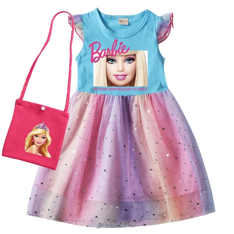 

Hot Barbie the movie Girls Clothes Kids Short Sleeve Cotton T Shirt Mesh Dresses Toddler Girl Lace Ball Gown Princess Dress&bag