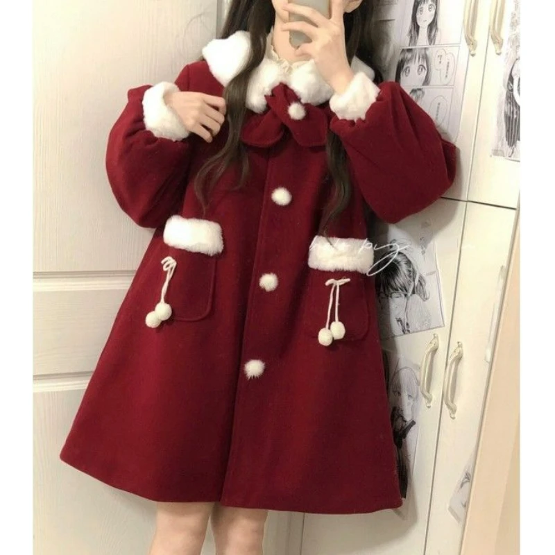 Winter Kawaii Red Wool Coats Women Loose Japanese Sweet Lolita Outwear Jacket Female Korean Style Pockets Warm Bow Overcoat 2024