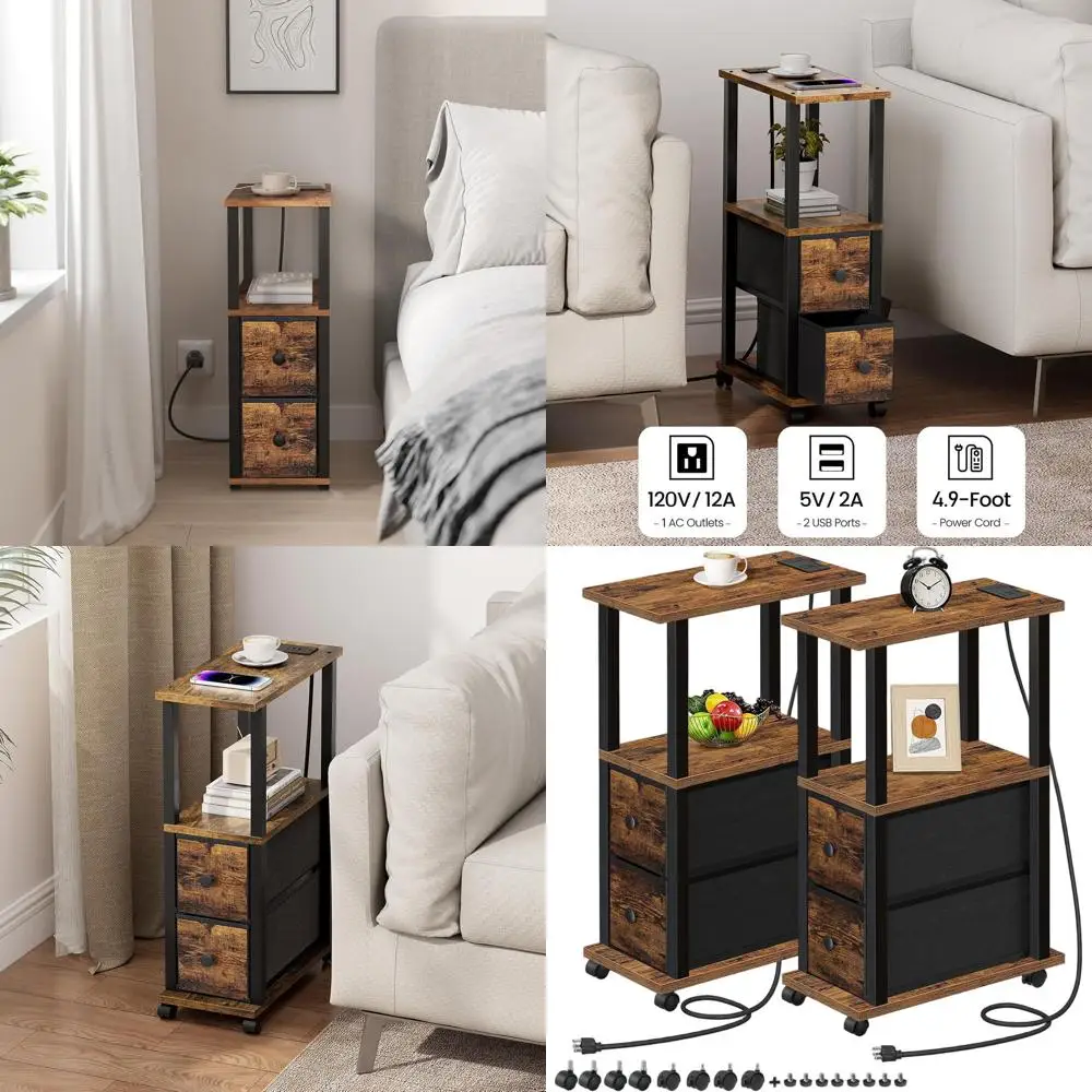 

Compact 2-Drawer Fabric Side Tables Set with USB Charging and Wheels for Bedside Use