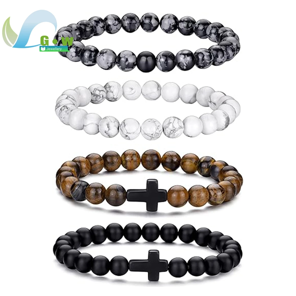 Fashion 8mm Beaded Natural Stone Stretch Men's Bracelet Four-Piece Set Cross Tiger Eye Stone White Pine Obsidian Hand Jewelry