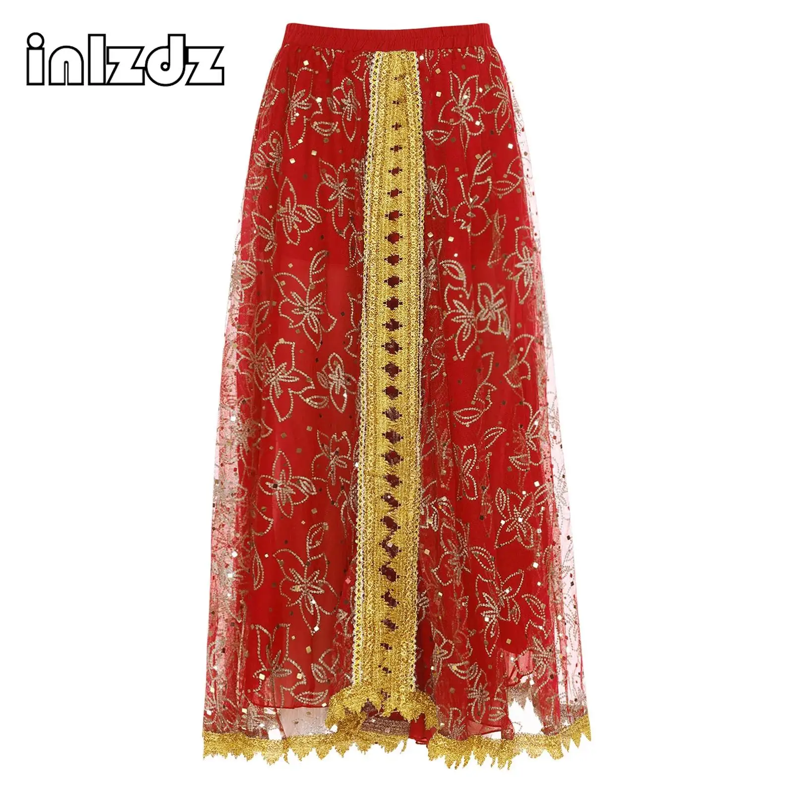 

Womens Shiny Mesh Belly Dance Maxi Skirt Gold Trim Tiered Skirt Elastic Waist Swing Skirt India Folk Dance Performances Costume