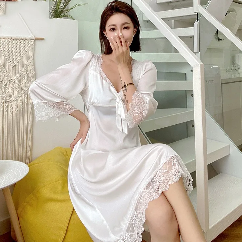 Palace Style Princess Nightdress Sleepwear Sexy Lace Trim Long Nightgown Bathrobe Casual Loose Women Rayon Home Dress Lingerie