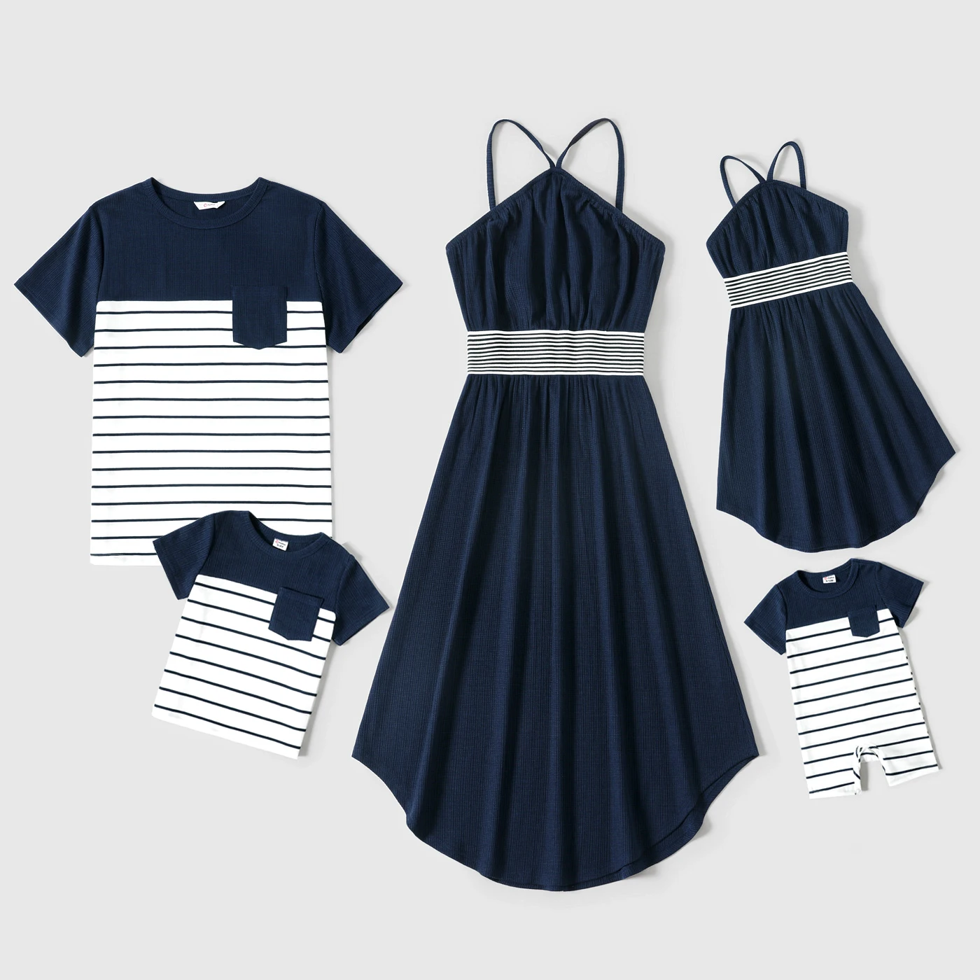 

PatPat Family Matching Solid Spaghetti Strap Dresses and Striped Colorblock Short-sleeve T-shirts Sets