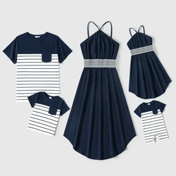 PatPat Family Matching Solid Spaghetti Strap Dresses and Striped Colorblock Short-sleeve T-shirts Sets