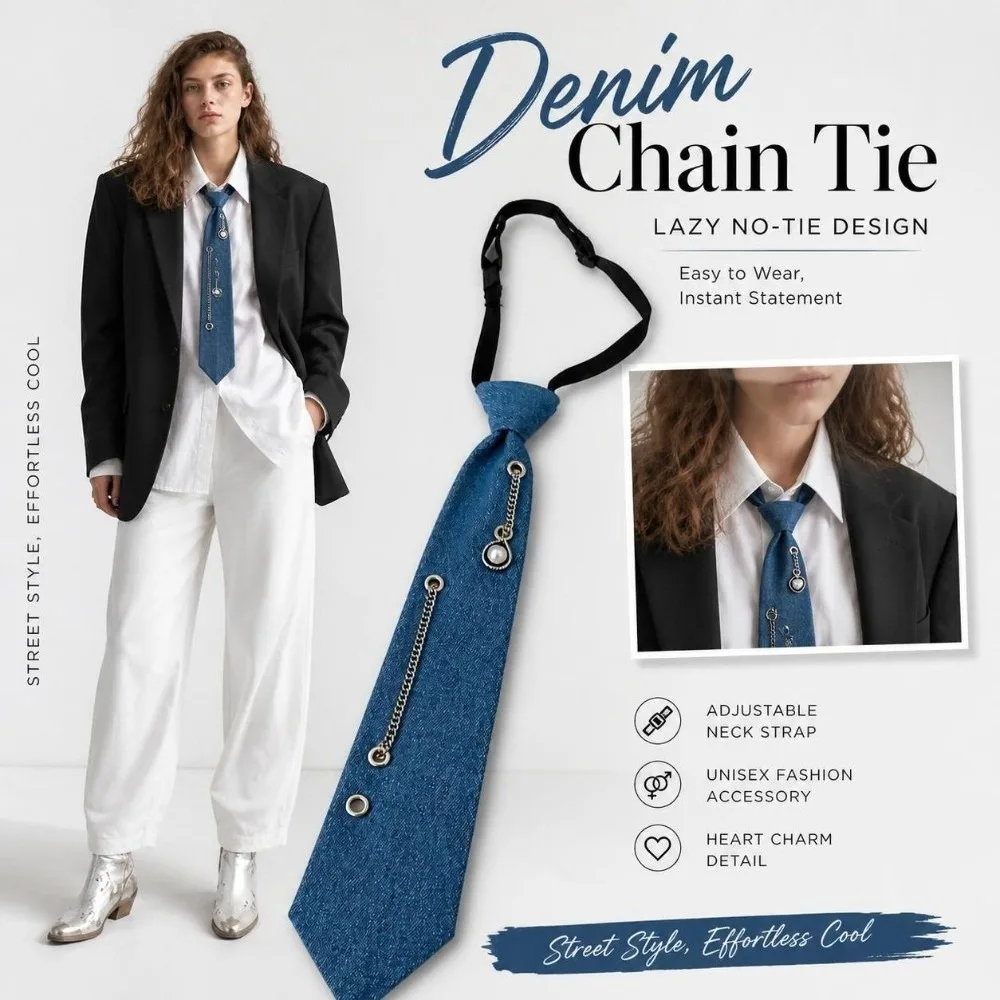 Cowboy Style Denim Pre Tied Necktie with Tassel Beaded Denim Chain Necktie Adjustable Elastic Strap Costume JK Tie‌