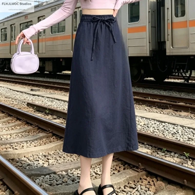 Cotton Linen Midi A Line Skirt High Waist Split Casual  Women's Retro Vintage Long Skirts with Pockets for Summer