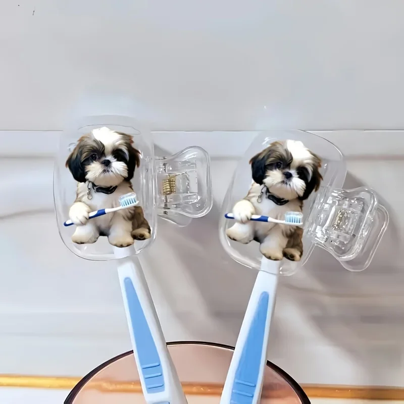 2pcs Shih Tzu Dog Holding a Toothbrush Dust-Proof Toothbrush Box Ideal for Bathroom Use Prevent Dirt Necessities Gift for Girls