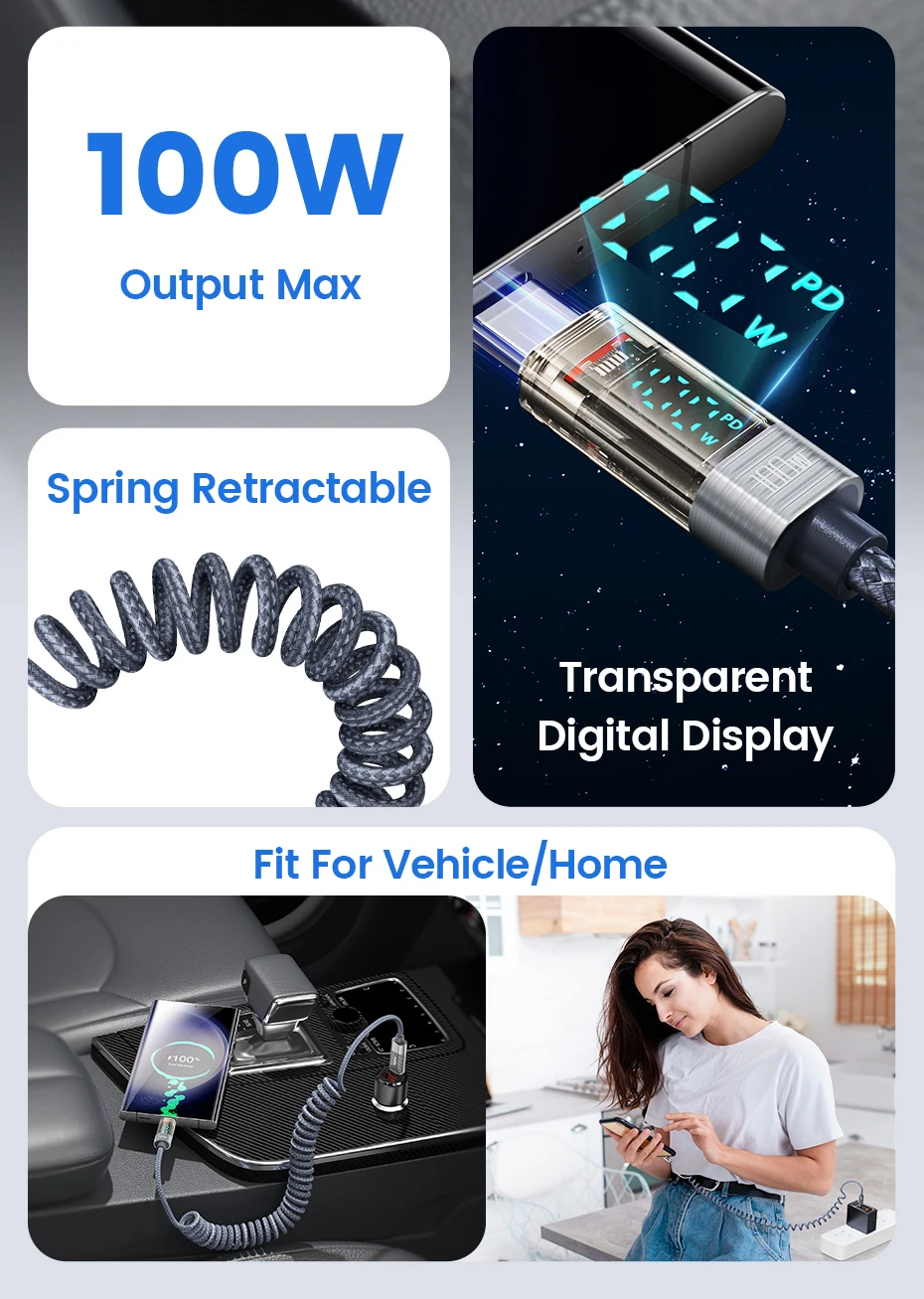 Toocki Coiled USB Type C Lightning Cable Digital Display Spring 100W Fast Charing Type C Charger Cord for Mobile Phones Laptops