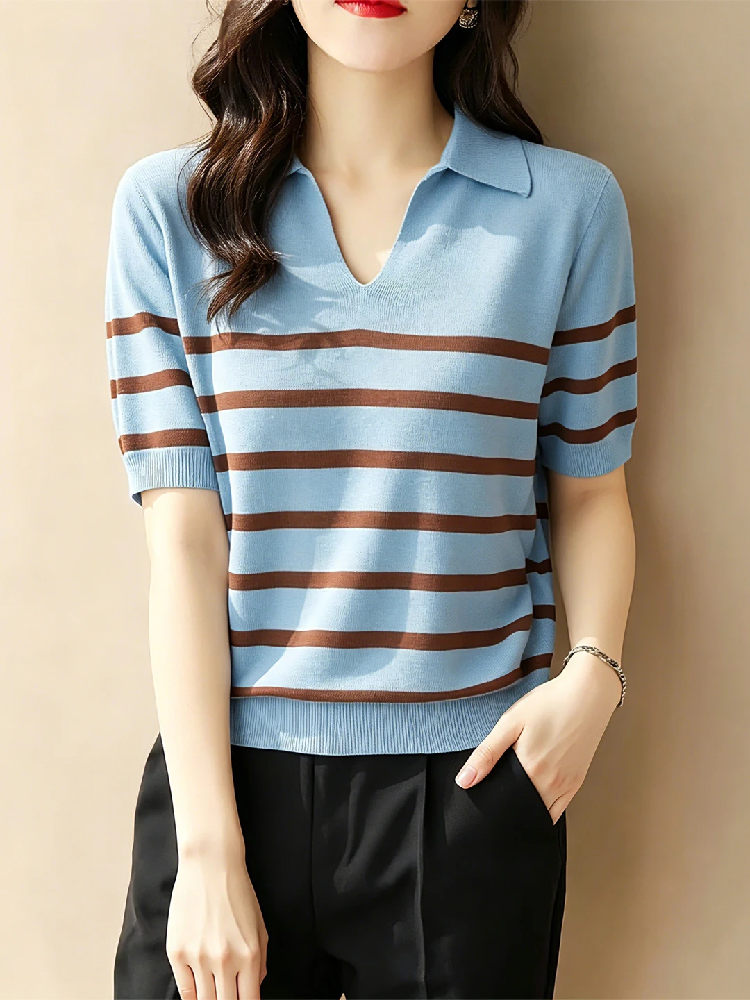 

Summer Women's Neck Short Sleeve Knitted Ice Silk Stripe Pattern Versatile Casual Style Commute Top White Enhancing