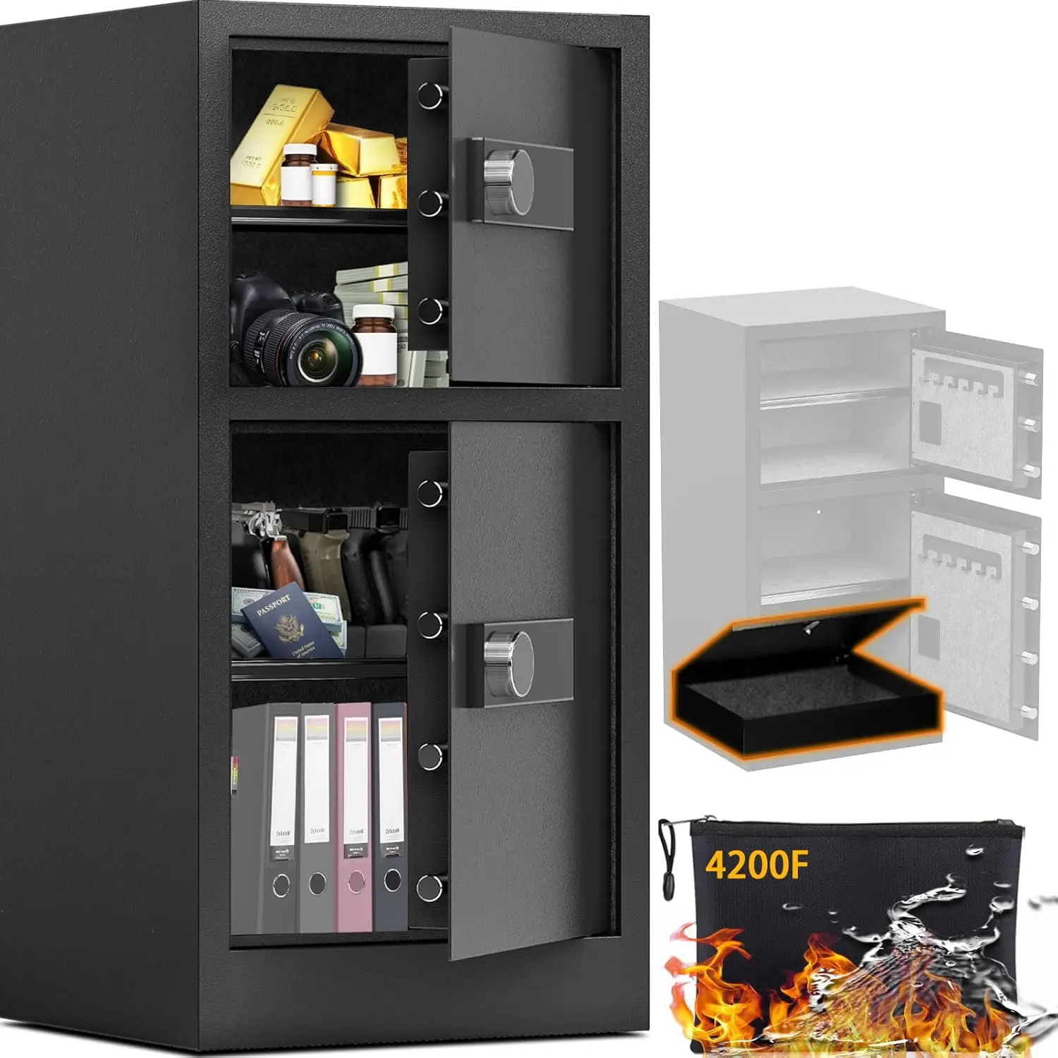 8.6 Cuft Heavy Duty Dual Door Safe Box Hidden Lock Fireproof Waterproof Storage Bag Removable Custom For Home Office