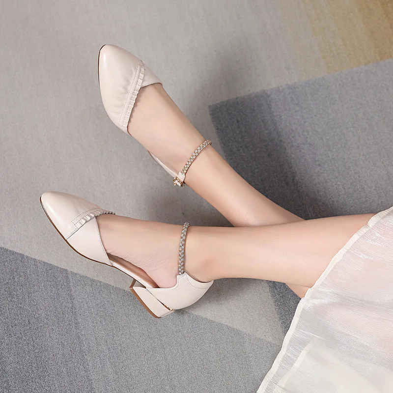 Pointed Leather Hollow  Female New Summer Fashion Thick Heel Professional Temperament High Heels Woman