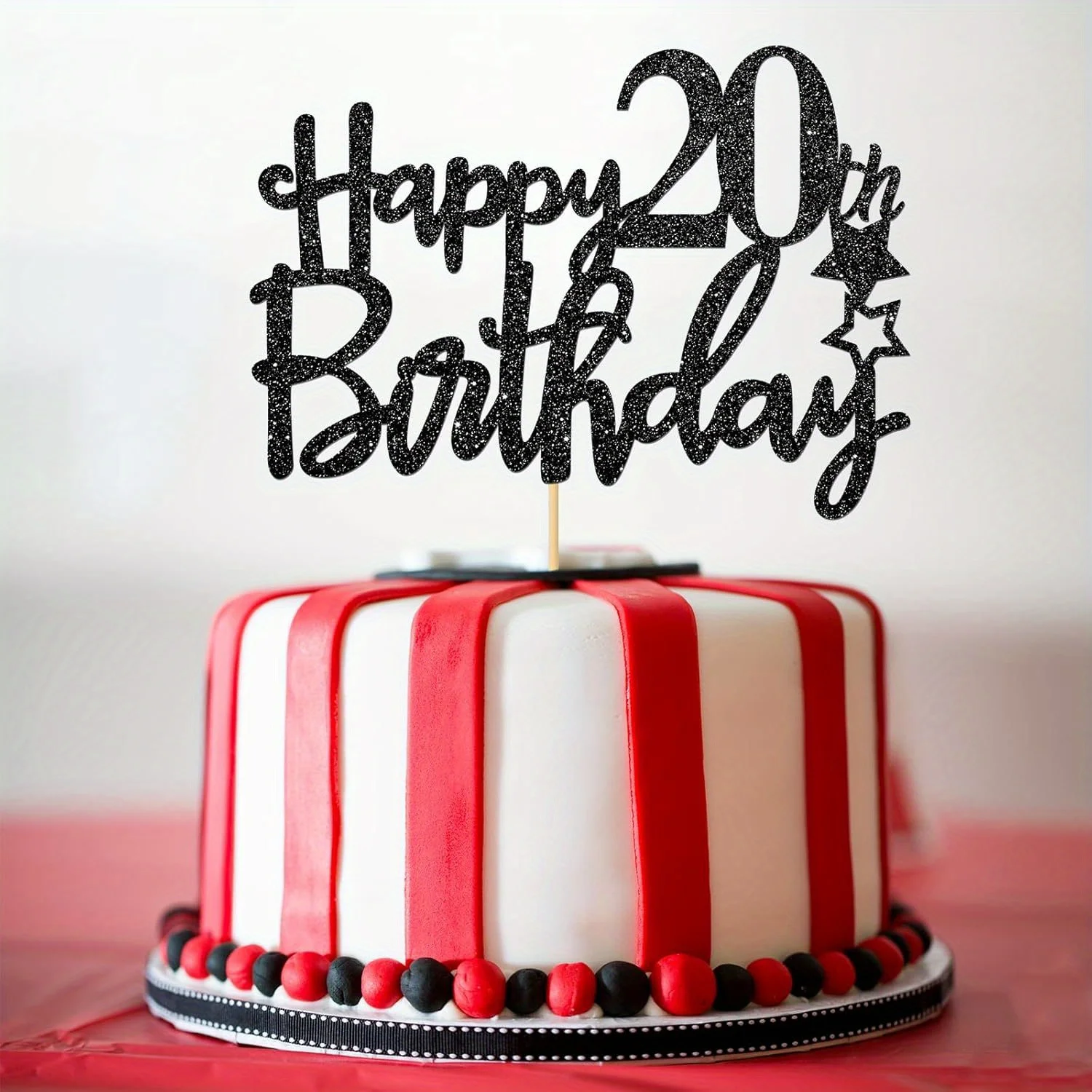 1 Stück 20th Cake Topper, schwarzer Glitzer 20. Dekoration für 20 Jahre Party, Jubiläum Prost – Detail 6