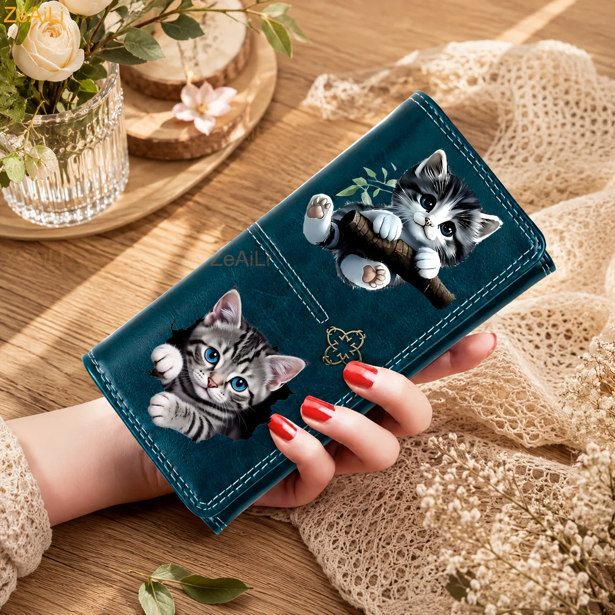 Graues Tabby-Kätzchen mit leuchtend blauen Augen, das einen Baumast umarmt, PU-Geldbörse, lange Geldbörsen für Karten, Damenhandtaschen – Detail 1