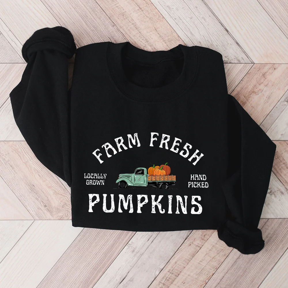 Farm Fresh Pumpkins Fall Women Sweatshirt Thanksgiving Sweater Fall Pumpkin Tee Autumn Halloween Women Sweater Outfits