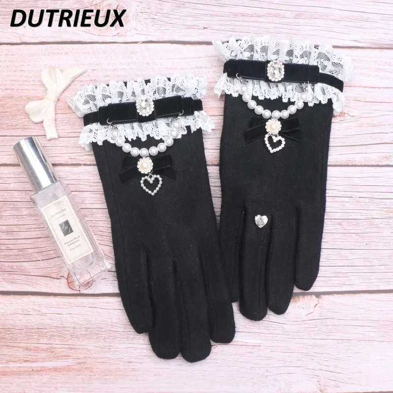 Handmade Japanese Sweet and Cute Girls Mine Lace Black Gloves Winter All-matching Bow Beaded Finger Wool Fleece Gloves