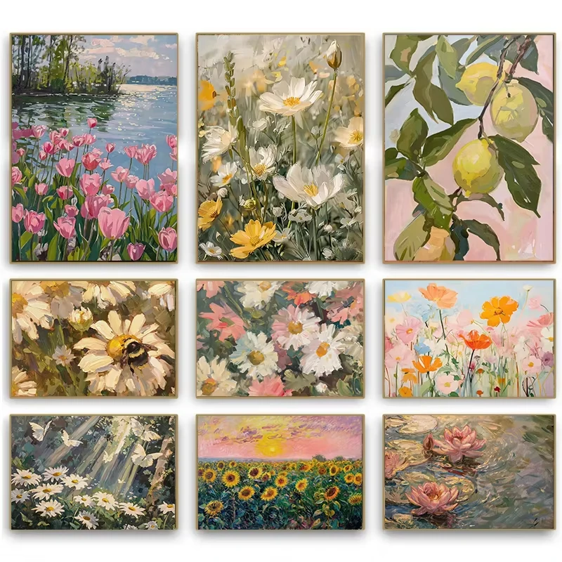 Academy Wind Plant Flowers Daisies Tulip Butterfly Bees Retro Spring Poster Prints Canvas Paintings Wall Art Pictures Home De