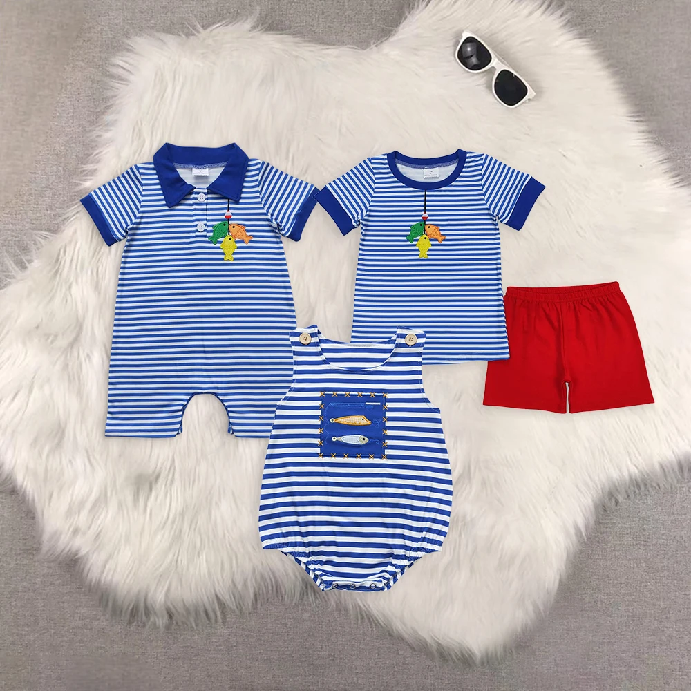 

BSSO0588 baby boy clothes Embroidered fishing striped short sleeve shorts sets Summer Boutique Wholesale boys baby rompers