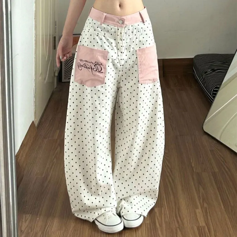 Women White Polka Dot Wide Leg Jeans Pink Color Block Pocket Pants Autumn New Contrasting Colors Baggy High Waist Denim Trousers