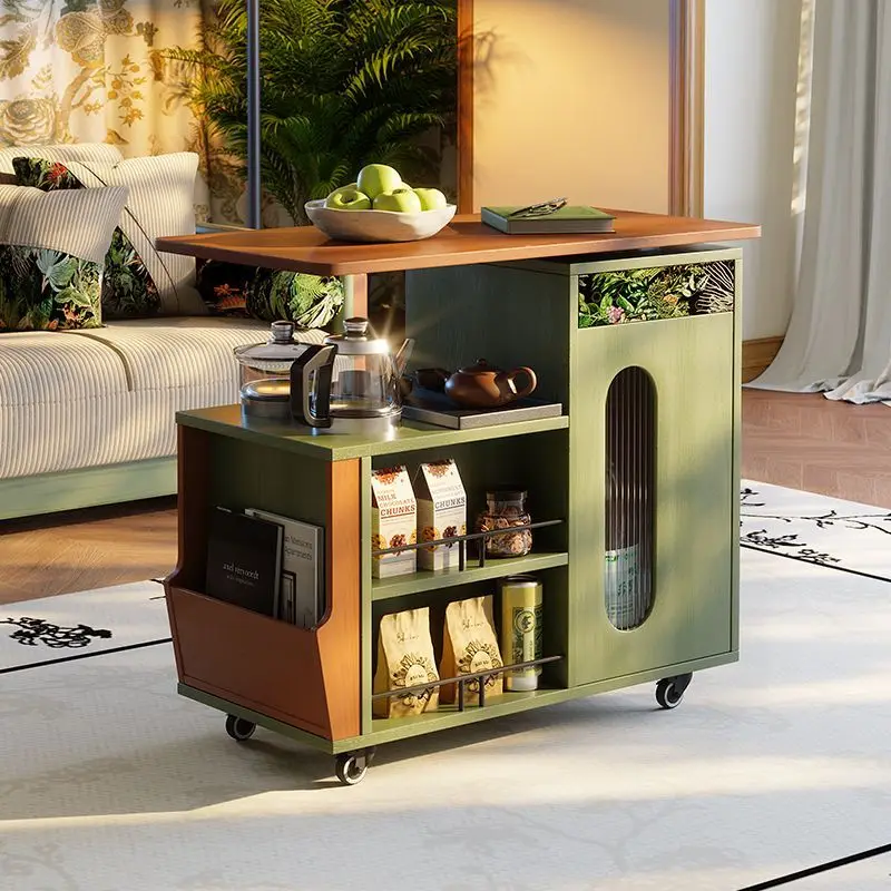 Multifunctional mobile solid wood folding French retro living room small apartment trolley antique family tea cart coffee table