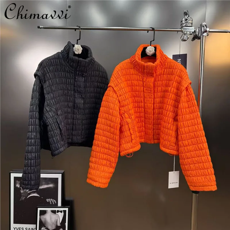 

Korean Style Fashion Casual Stand Collar Long Sleeve Zipper 3D Plaid Loose Versatile Warm Short Cotton Jacket Women Winter Coats