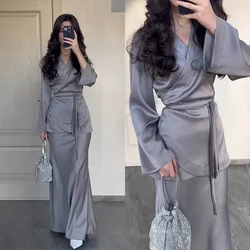 Women's V Neck Satin Dress Two Picec SetElegant Long Sleeve Elastic High Waist Lace Up Formal Wedding Cocktail Party Maxi Skirts