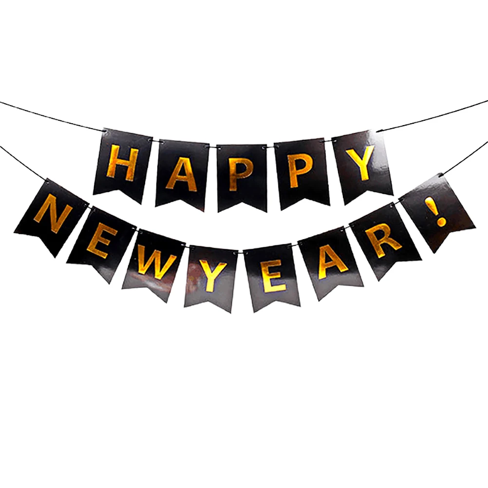 

New Year Decorative Flag Black Paper Banner Not Tear Hanging Ornament Party Kitchen Fireplace Stairs Home Decor New Year Banner
