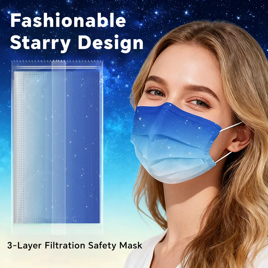 قناع وجه أنيق يمكن التخلص منه للبالغين حالمة مرصعة بالنجوم مزرق البنفسجي قناع الموضة تنفس 3-Layer غير المنسوجة عطلة #5