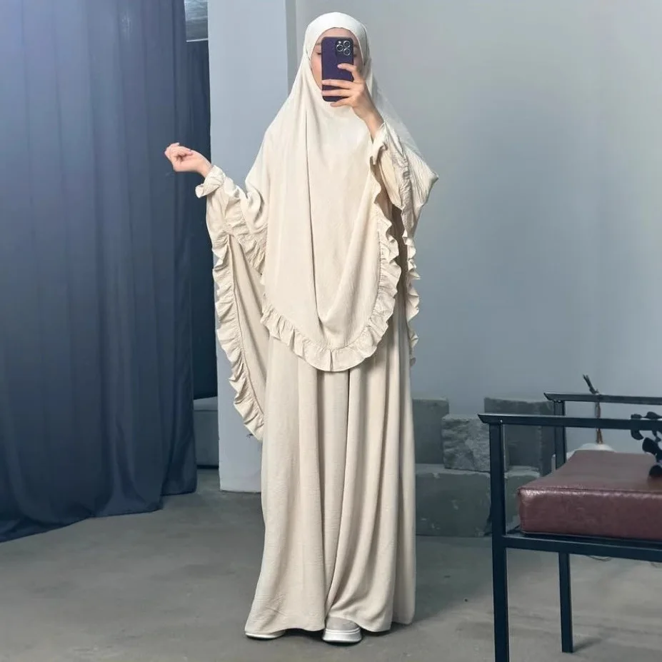 

2025 Eid Muslim Women Ruffles Khimar 2 Piece Set Abaya Dress Prayer Garment Hijab Islamic Ramadan Kaftan Burqa Clothing Oversize