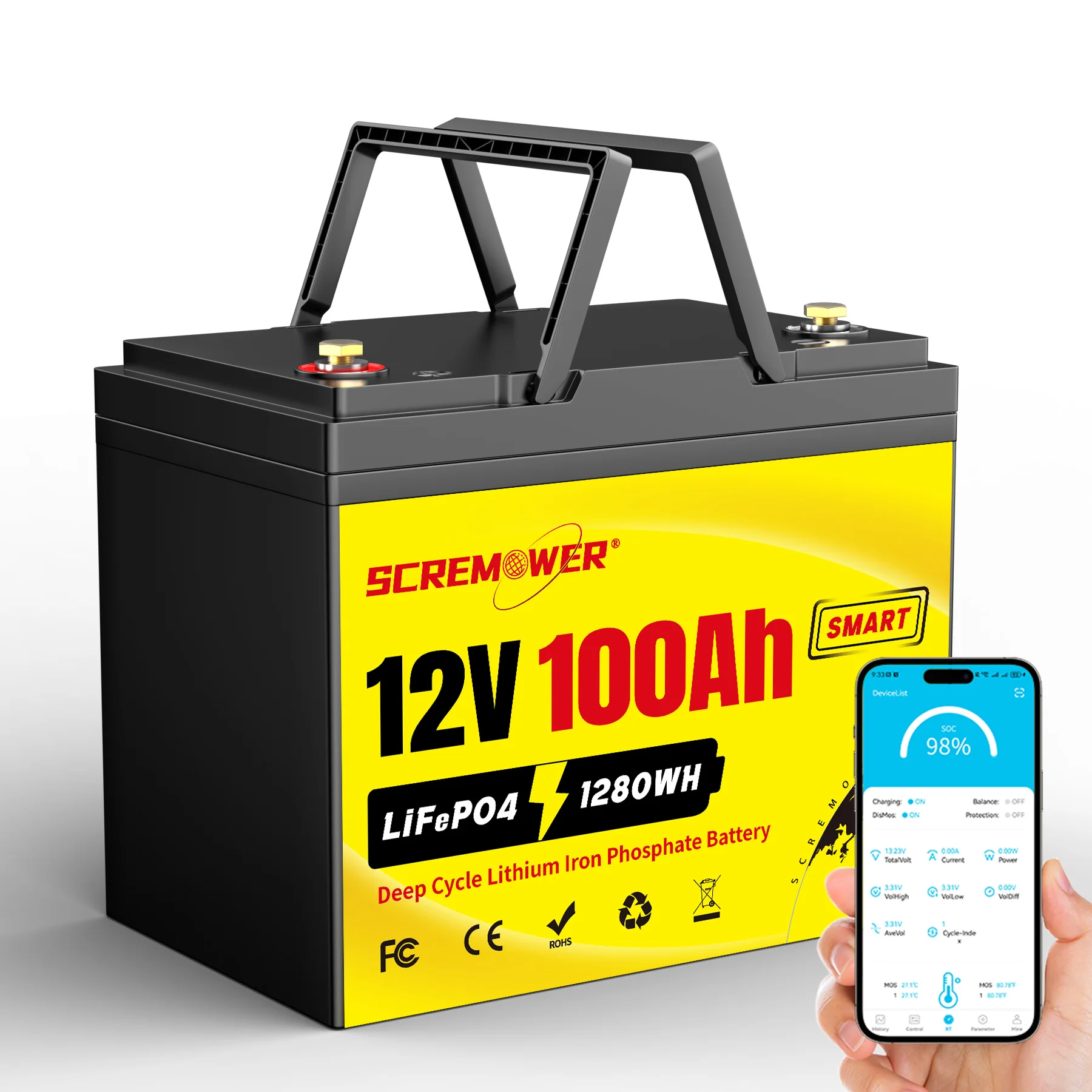 

LiFePO4 Battery 12V 100Ah Lithium Battery Pack Grade A+ Cells With BMS 100A Series or Parallel Connection For RV,Solar,Camping