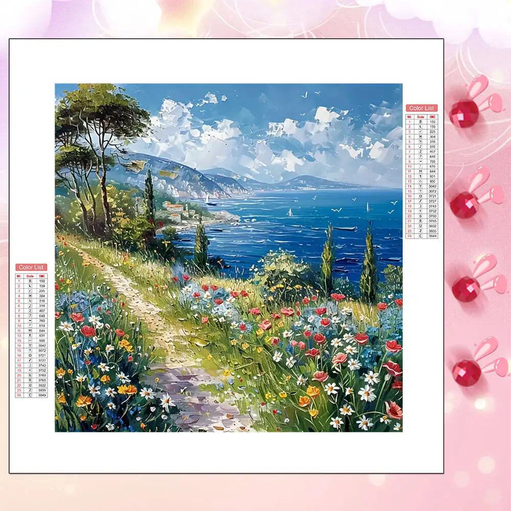 HUACAN 5D-Diamant-Mosaik zum Selbermachen, Meer, Weg, Bergbereich, Landschaft, voll, quadratisch, rund, Diamant-Gemälde, Wohnzimmer, Kunsthandwerk