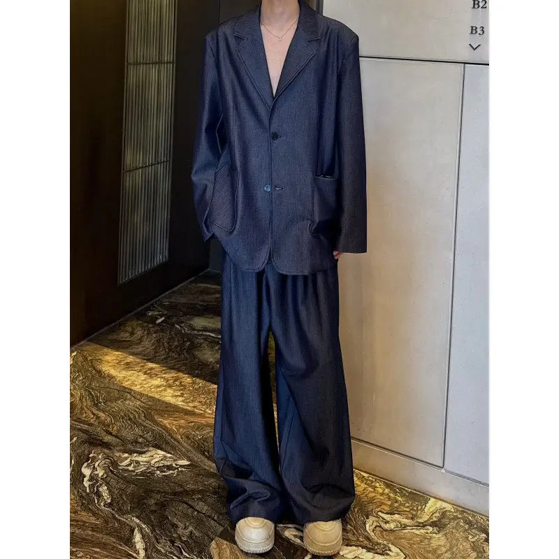 

Мужской винтажный джинсовый костюм свободного кроя с широкими брюками, комплект из двух предметов, осенний, модный, молодежный, стильный