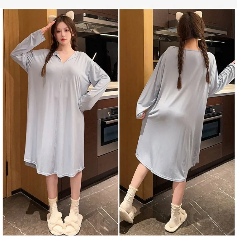 5XL Plus Size Autumn Winter Modal Pajamas Women\'s Solid Simple Nightgown with Chest Pads Long Sleeved Loungewear Home Clothes