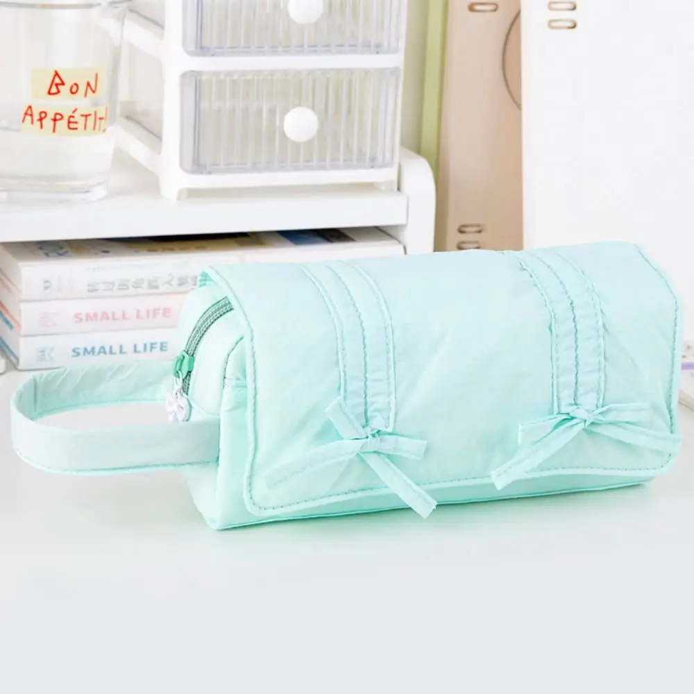 Portable Sweet Pencil Case Three Layers Bow Pencil Pouch Canvas Large Capacity Stationery Storage Bag School