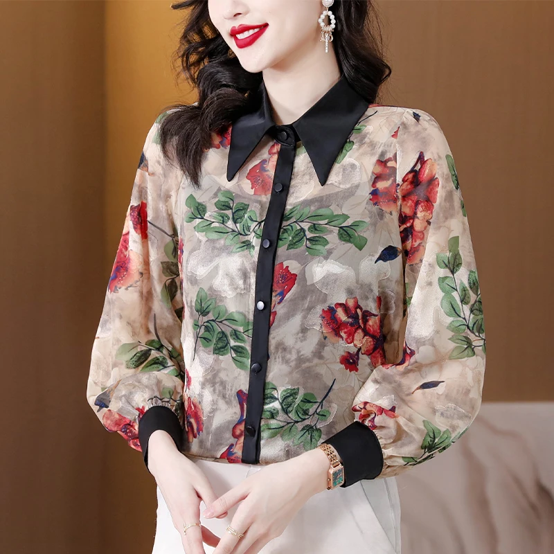 Vintage damesblouses Casual bedrukte shirts Mode losse lente/zomer chiffon kleding Koreaanse damestops met lange mouwen
