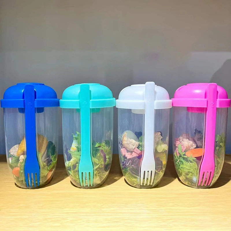 ถ้วยสลัด1L แบบพกพาสำหรับเด็กถ้วยสลัดอาหารเช้าพร้อมส้อมกล่องข้าวกลางวันสำหรับโรงเรียนถ้วยเก็บอาหารกล่องเบนโตะโยเกิร์ตข้าวโอ๊ตบด