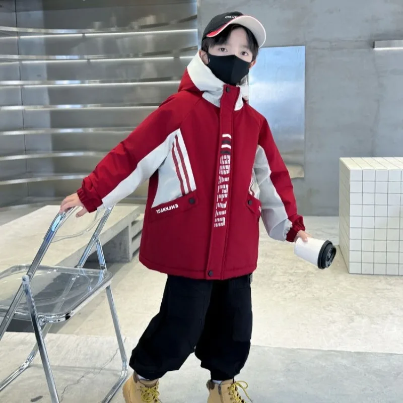 

Новинка 2025 года, термопарка для мальчиков с флисовой подкладкой, зимнее пальто для детей от 6 до 12 лет, утепленная хлопковая куртка с капюшоном