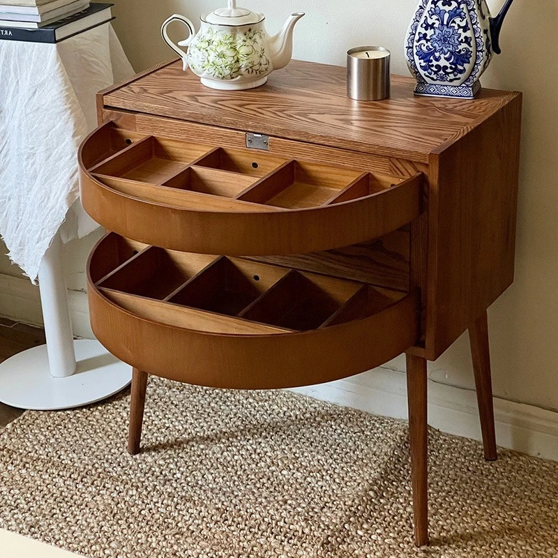 

Bedside table Multifunctional rotatable edge jewelry storage cabinet edge retro style solid wood cabinet