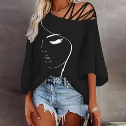 Women's Fashion Tees Casual Top 2024 Summer Print Hollow Out Female Sexy Loose T-shirt  T Shirt For Women Tシャツ T Shirt Feminina