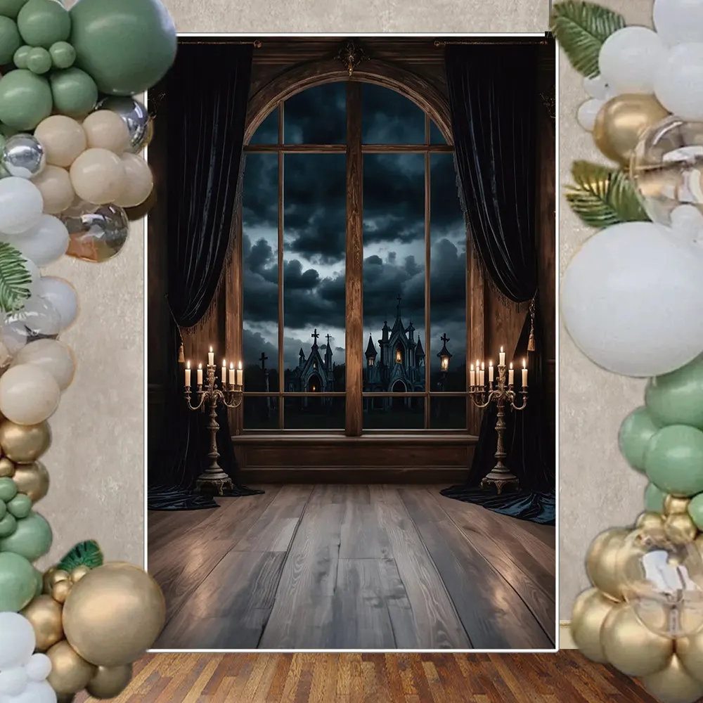 MOON.QG Halloween Backdrop Photography Curtain Window Candle Cemetery Photozone Background Child Studio Photobooth Supplies