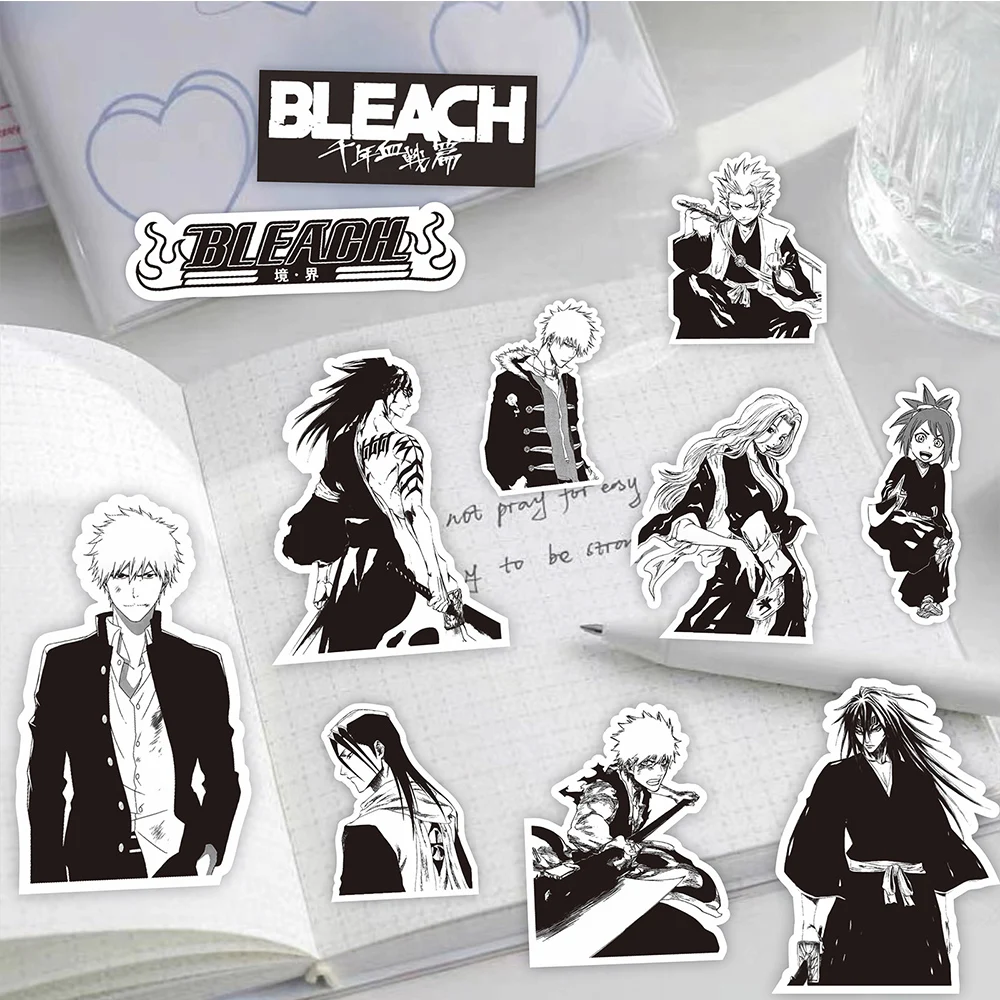 BLEACH-Adesivos clássicos do anime, Cool preto e branco Graffiti adesivo, caixa do telefone, caderno, laptop, decalques dos desenhos animados, decoração, 10 pcs, 30 pcs, 75pcs