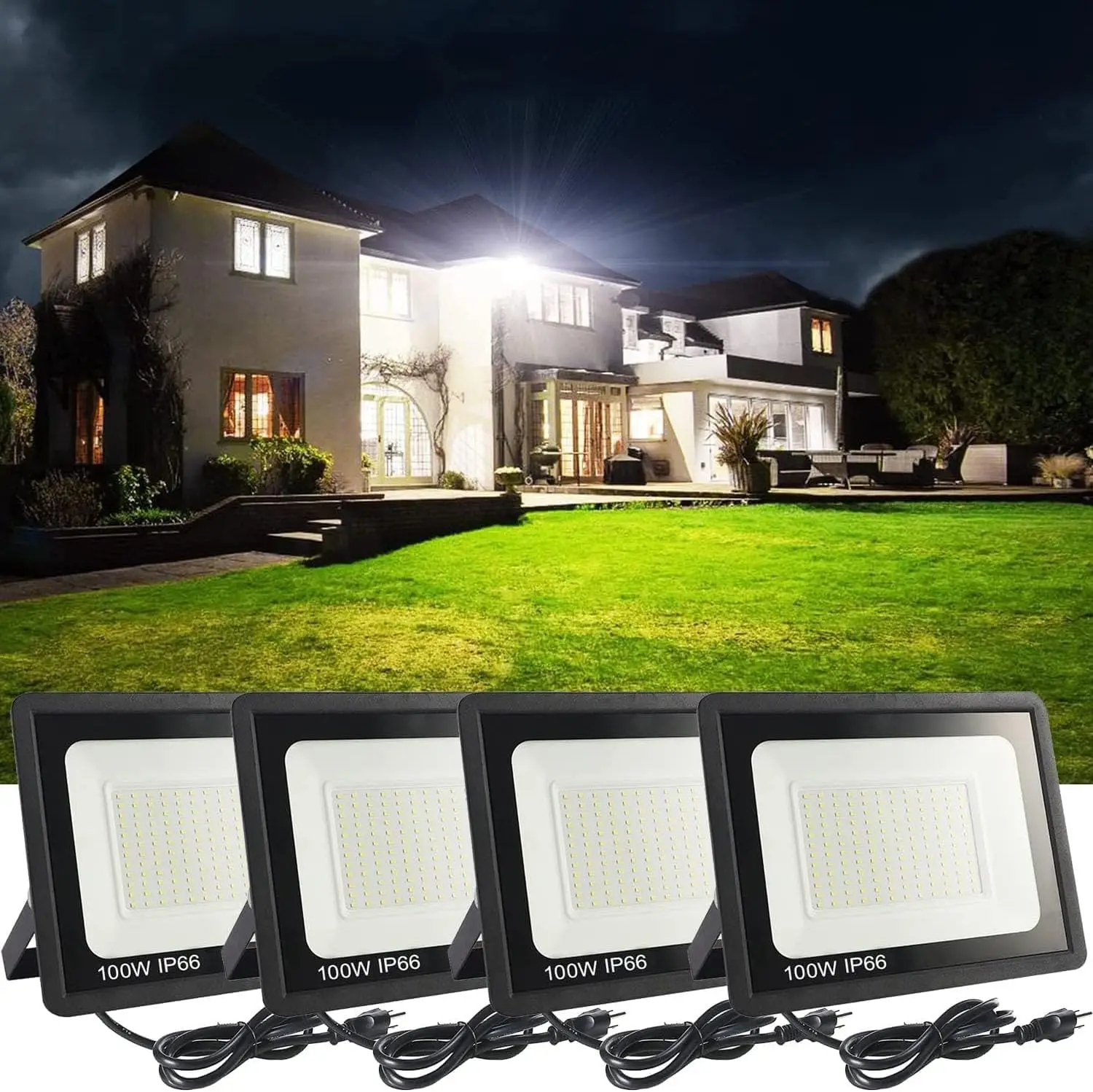 

100W LED Flood Light, 11000lm Super Bright, IP66 Waterproof Outdoor Security Light with US Plug for Yard Playground