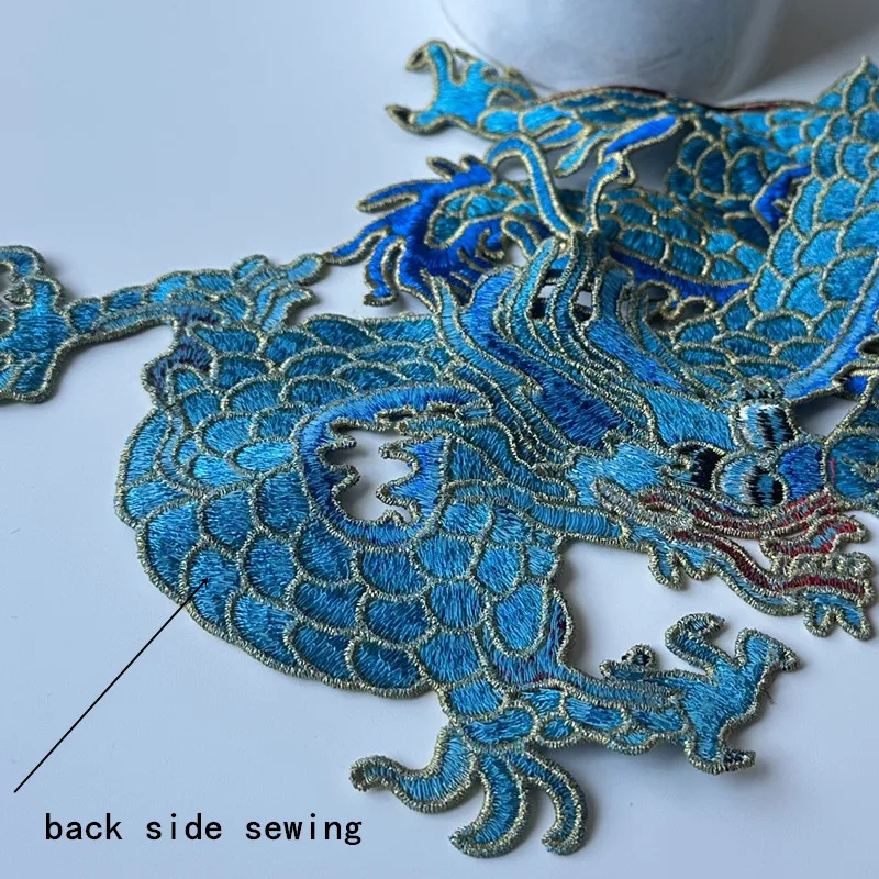 1Ps Chinese Style Blue Large Dragon Sewing On Embroidery Patches For Jean Clothing Dress Applique Decoration Accessory DIY Patch