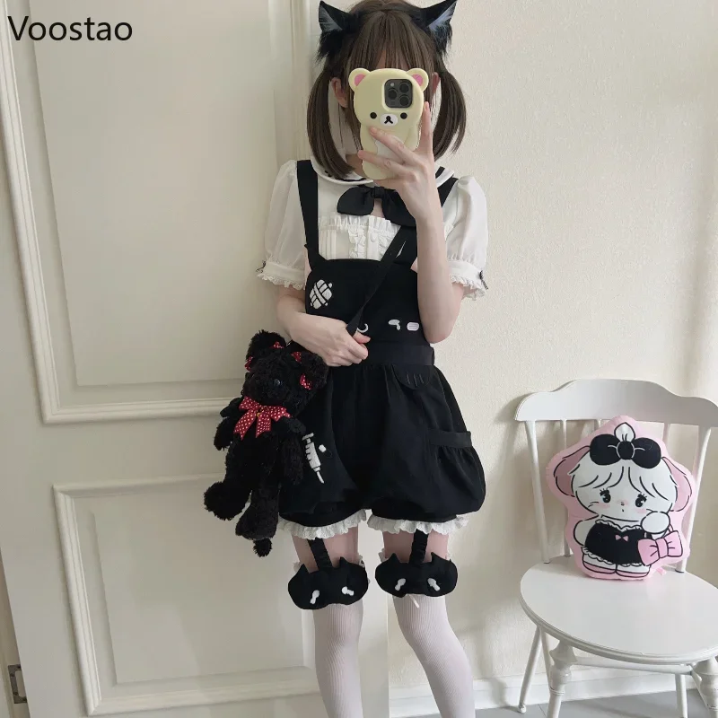 Y2k Lolita Style Overalls Shorts Set Women Sweet Sailor Collar White Shirt Cartoon Cat Rompers Suit Blouse Shorts 2 Piece Set