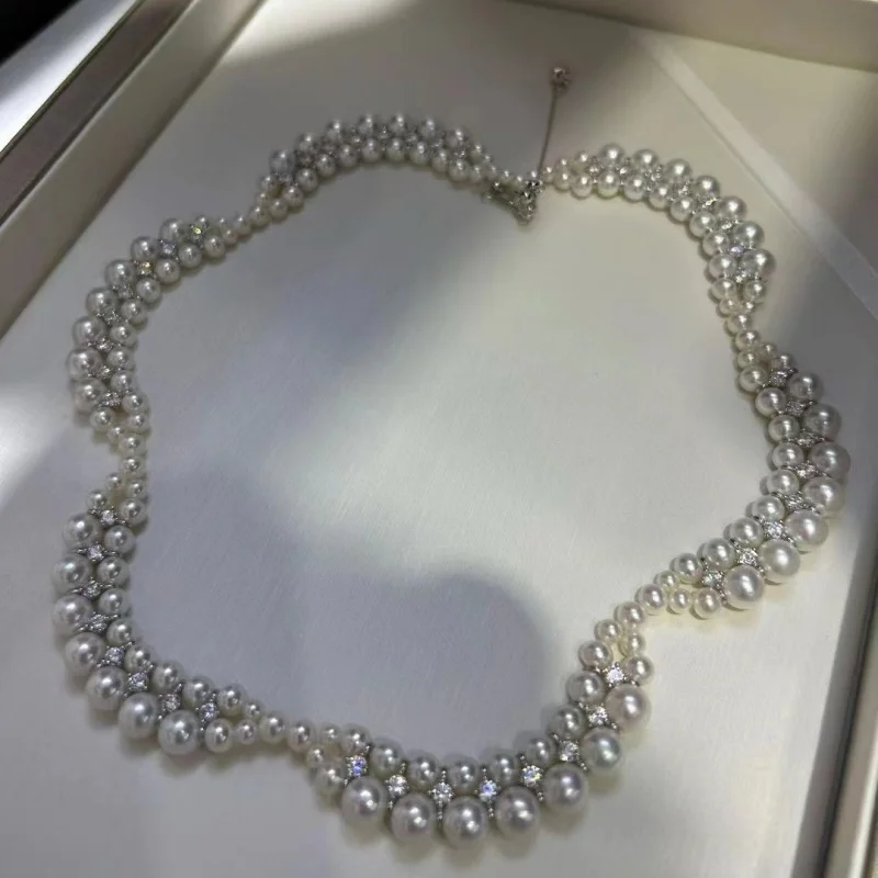 SGARIT Pearl Necklace 3-6mm 925 Sterling Silver Natural Freshwater Pearl Chocker With Moissanite Spacer Jewellery