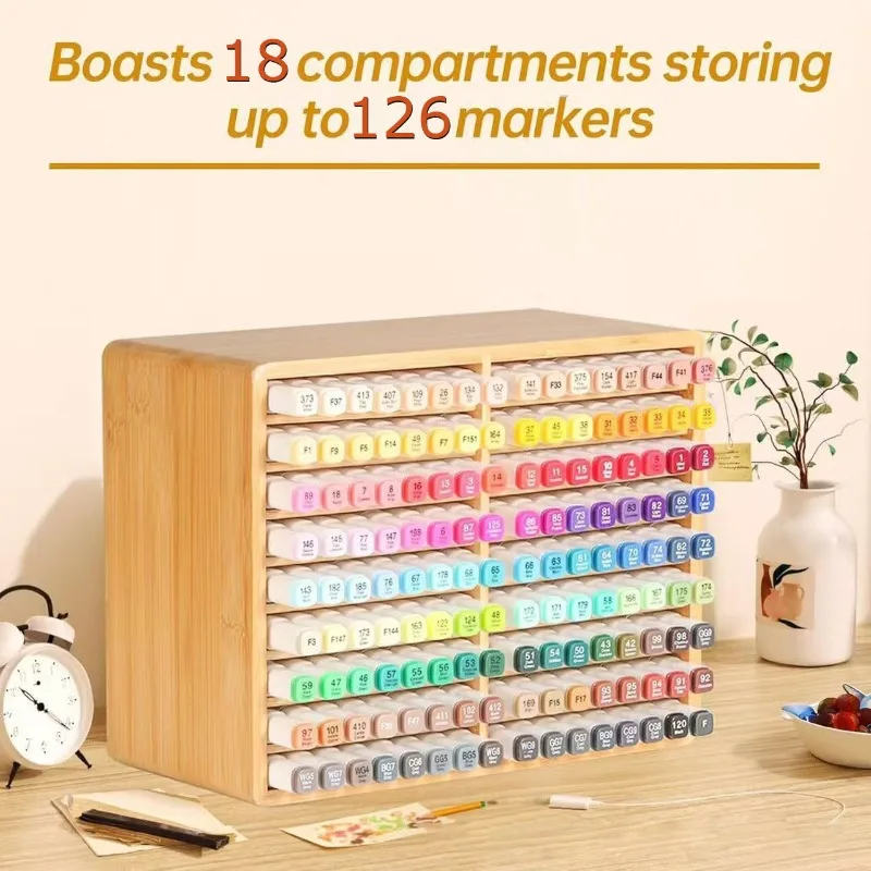 Bamboo Wood Desk Acrylic Marker Pen Holder Multilayer Storage Rack for 126 Pens Pencils Office School Art Supplies Stationery