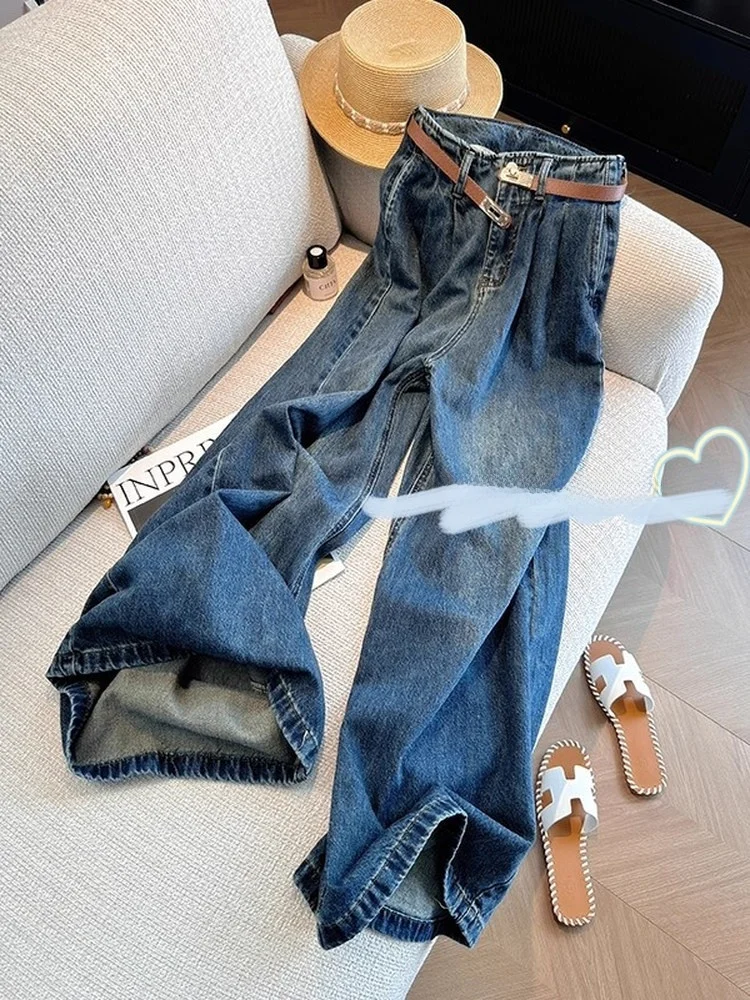 

Синие широкие джинсы с высокой талией, повседневные свободные женские модные джинсы с карманами, осенняя коллекция, удобные женские брюки