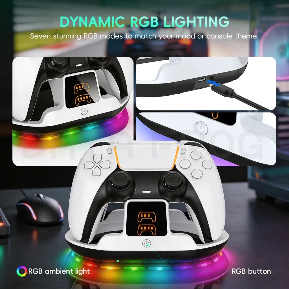 DATA FROG for PS5 Controller Charging Station, Accessory Kit Compatible with PlayStation 5 DualSense, LED Display, RGB Gift view 6