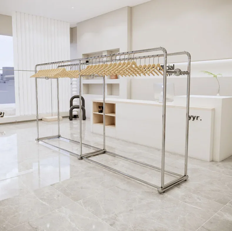 Clothing store Nakajima display rack Stainless steel floor display rack Simple double row side hanging