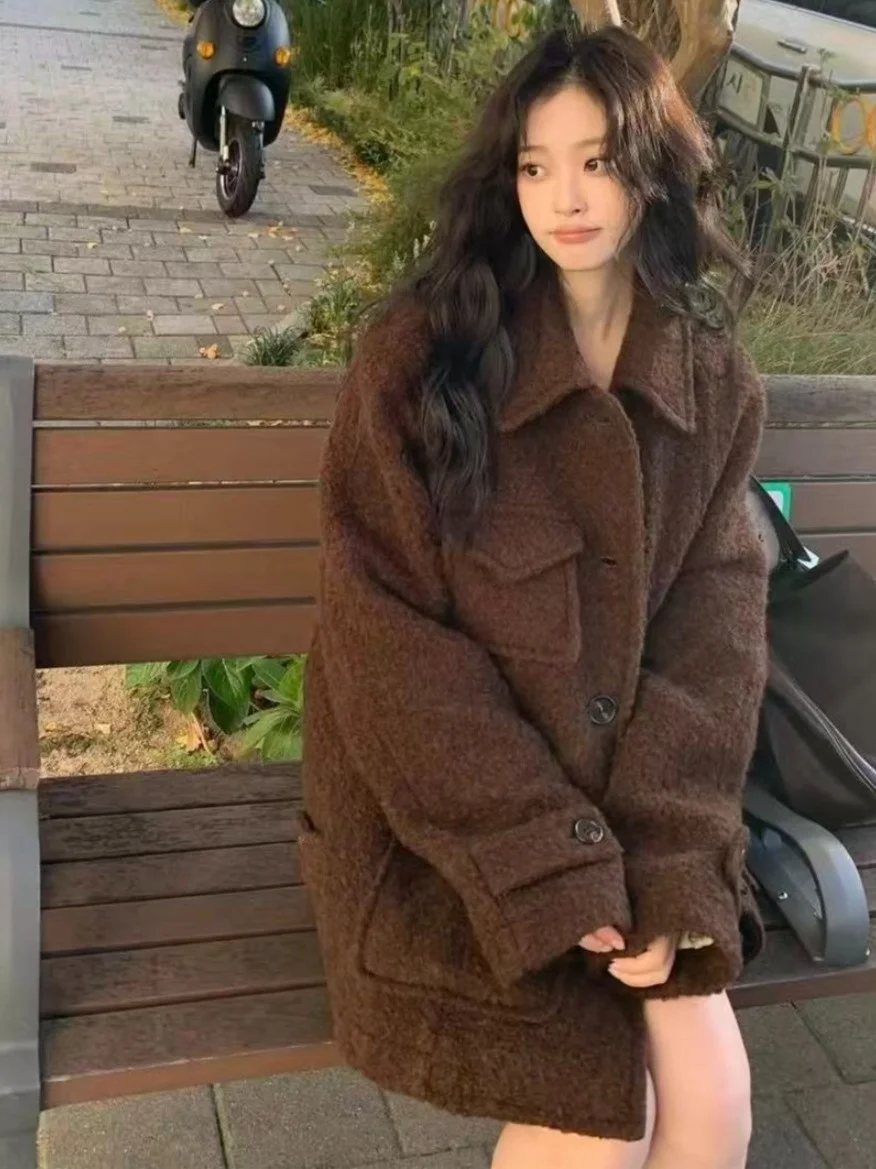 

Осень-зима в стиле ретро, Aosphere, среднее древнее свободное шерстяное пальто с отложным воротником средней длины, женская верхняя одежда